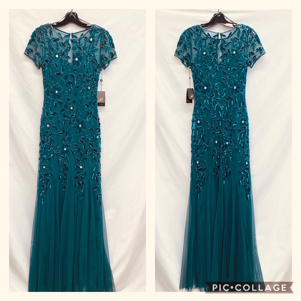 Adrianna Papell beaded Floral short sleeves Godet long dress - Picture 5 of 8